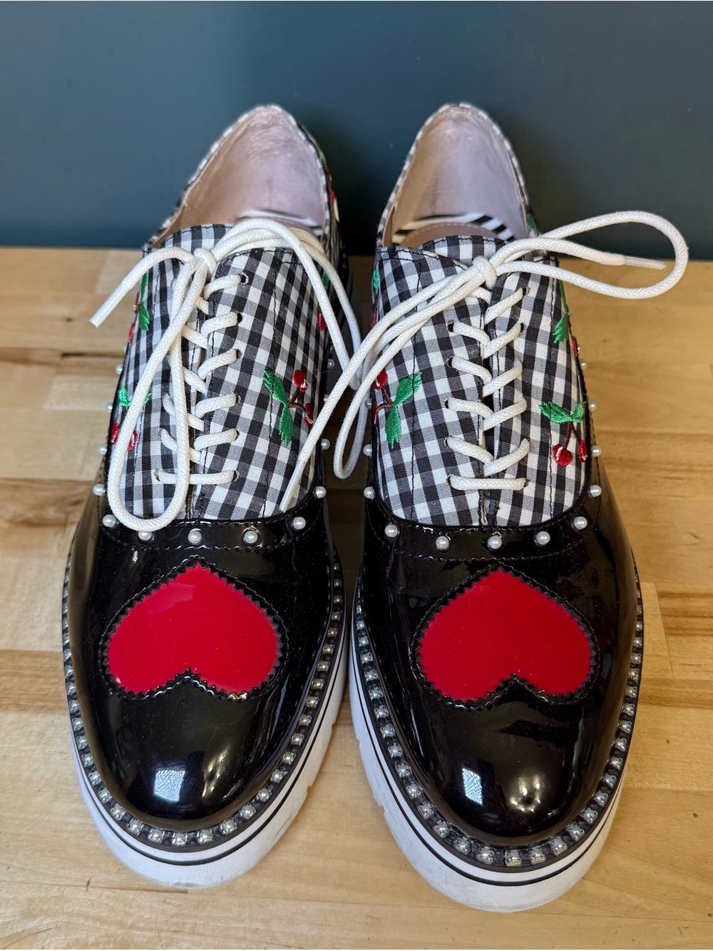 Betsey Johnson Black Patent Gingham Flats with Red Heart